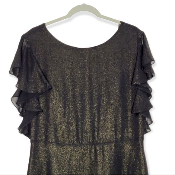 H Halston Metallic Shimmer Ruffle Flutter Sleeve Dress Black Gold Size 10 - Picture 3 of 8